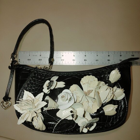 Brighton Leather Floral Embellished Black Retired Calista Croc Embossed Wristlet - Picture 4 of 10